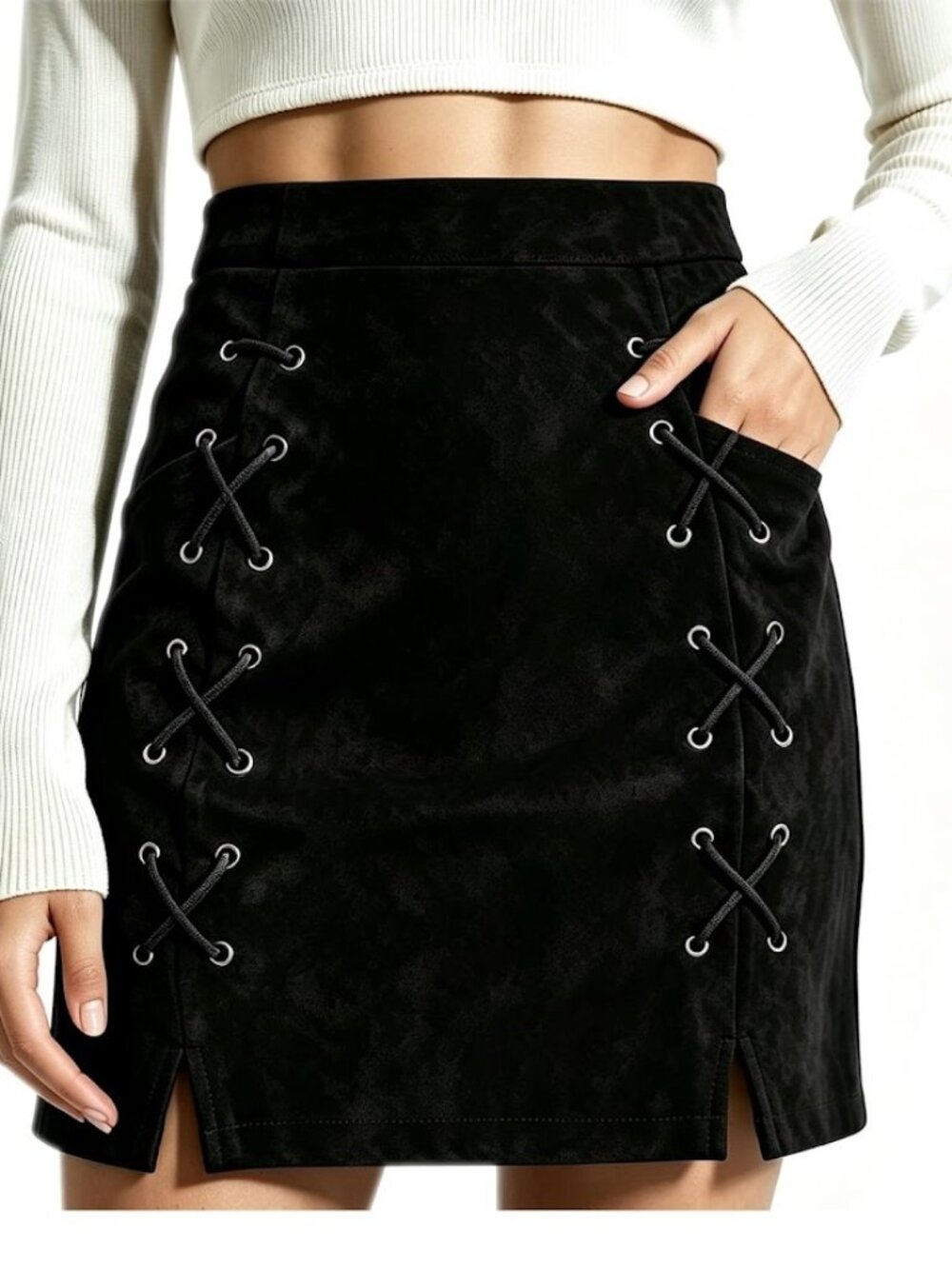 High Waist Faux Suede Lace Up Side Slit Body Con Mini Skirt